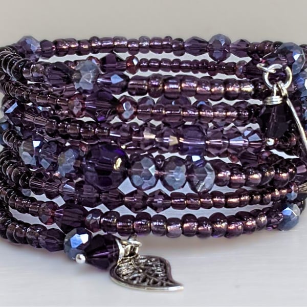 Deep Purple Wrap Memory Wire Bracelet,  Boho Cuff Bangle