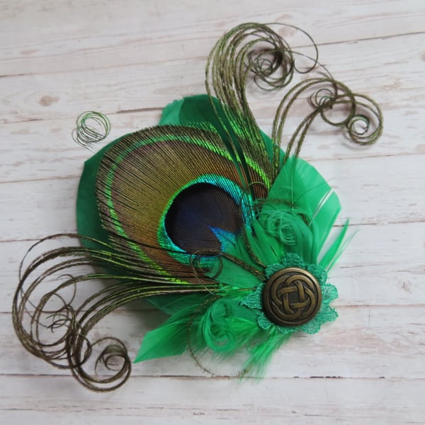 Emerald Green Peacock Feather Celtic Button Hair or Hat Clip
