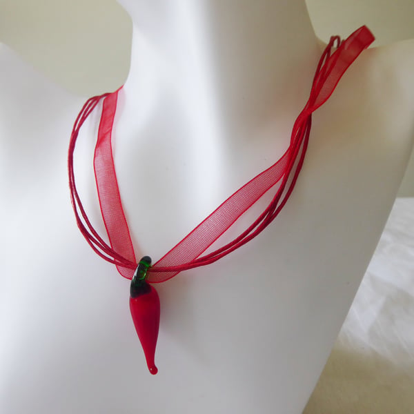 Red Ribbon & Cord Adjustable Necklace with Lampwork Glass Hot Chilli Pepper