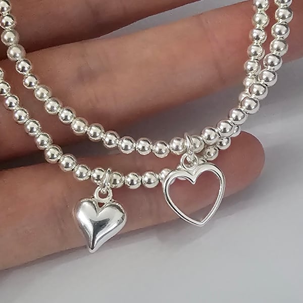 Sterling Silver Heart Charm Stretch Bracelet Set 925