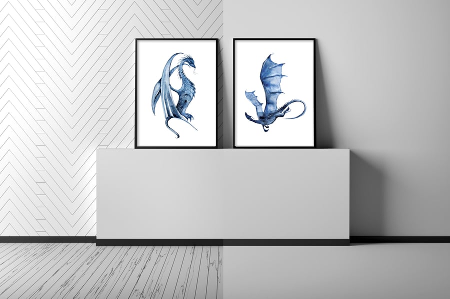 Watercolour dragon prints, dragon wall art, dragon posters, gift for dagon lover