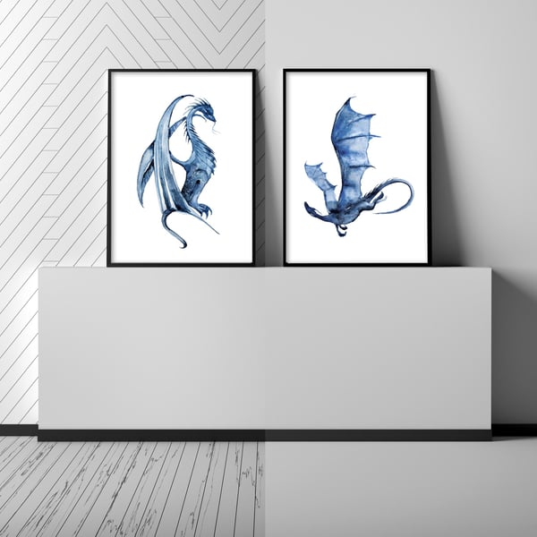Watercolour dragon prints, dragon wall art, dragon posters, gift for dagon lover