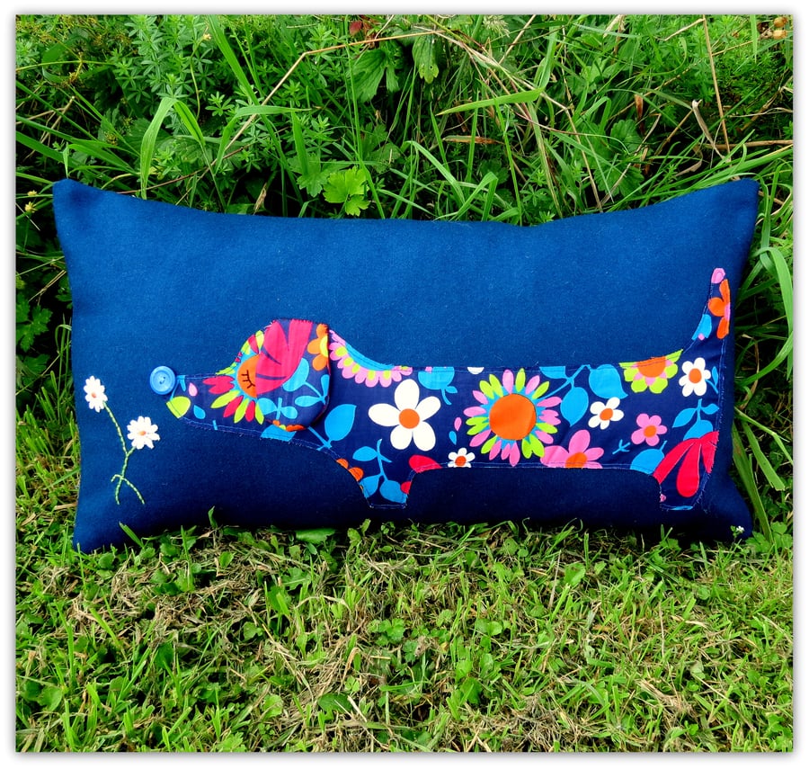 Sniffing Daisies, a vibrant Dachshund cushion.  54cm x 30cm.