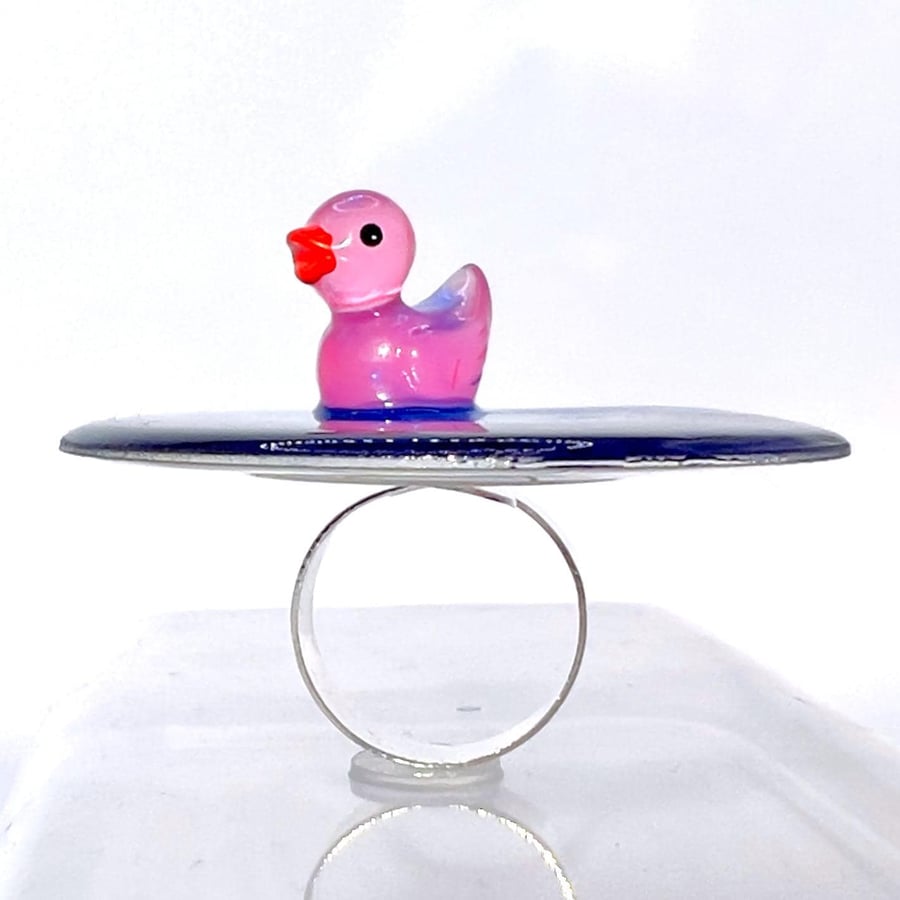 Glow in Dark Duck Pond Ring, Resin Statement Jewelry, Adjustable Silver Band