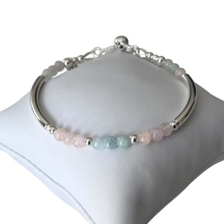 Sterling Silver Beryl Heart Charm Noodle Bracelet