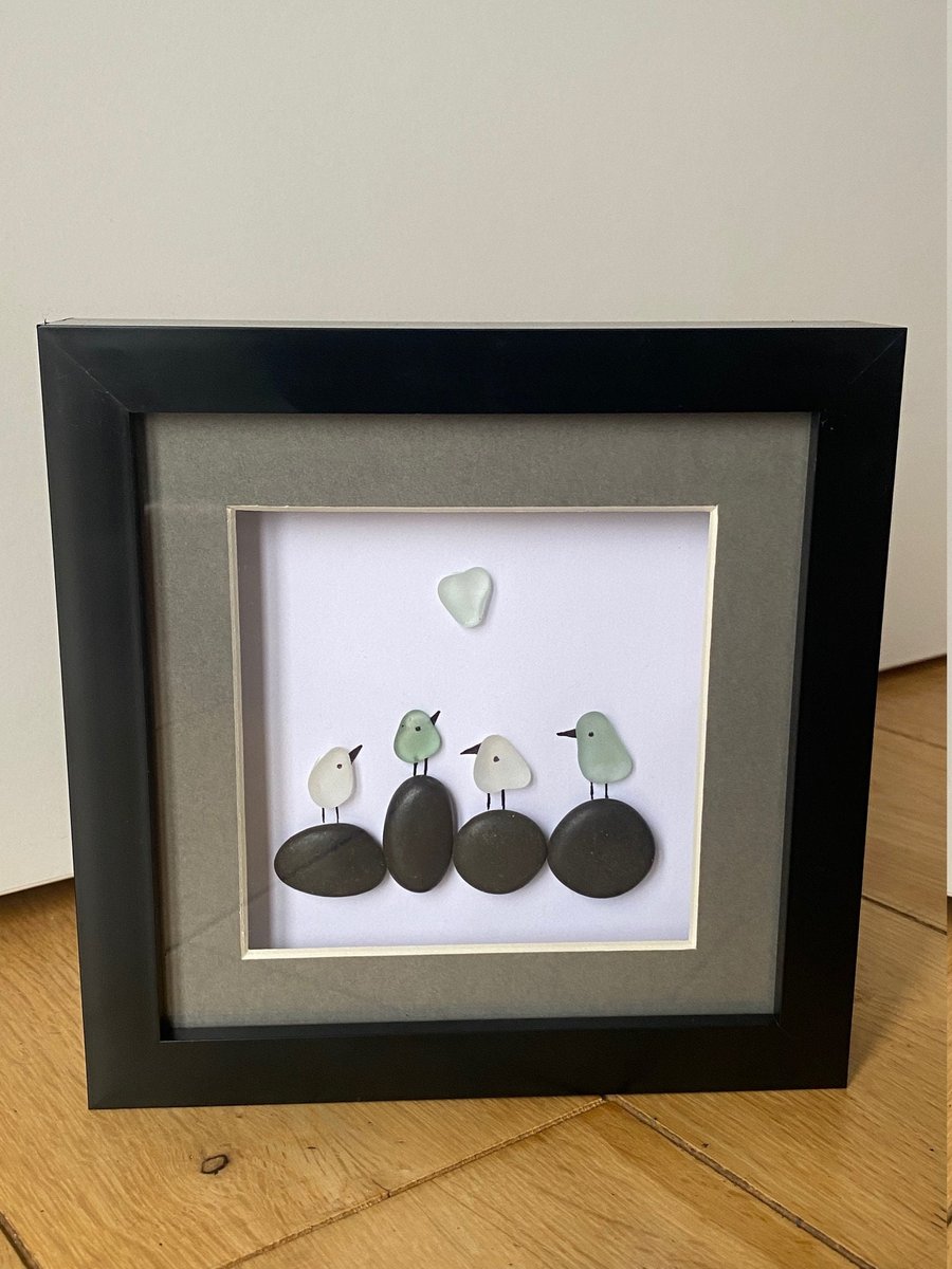 Sea Glass Birds Pebble Frame, Framed Sea Glass Picture, Unique Sea Glass Gift, P
