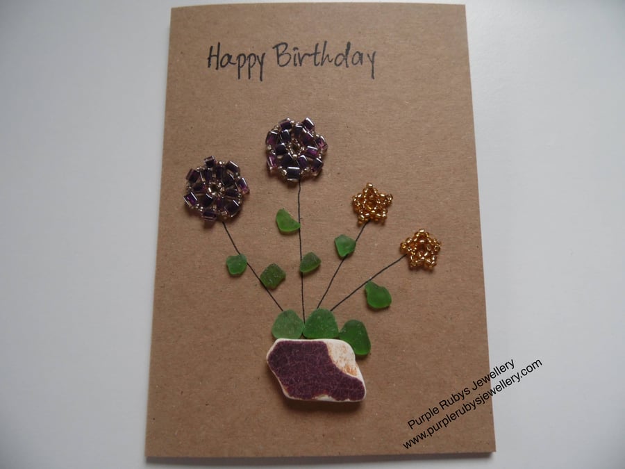 Sea Pottery & Purple Beaded Flowers Birthday Card C251