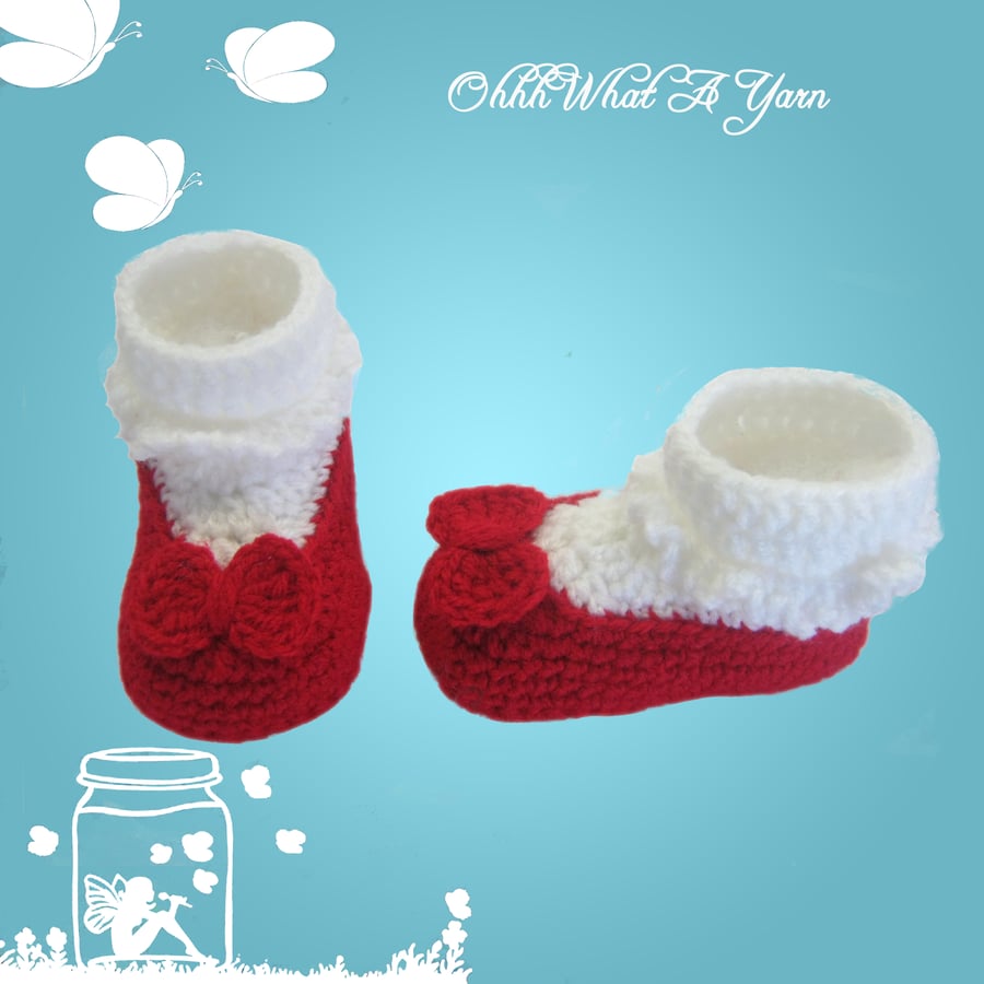 Crochet red and white baby Mary Jane shoes, booties, boots - Age 0-3 months