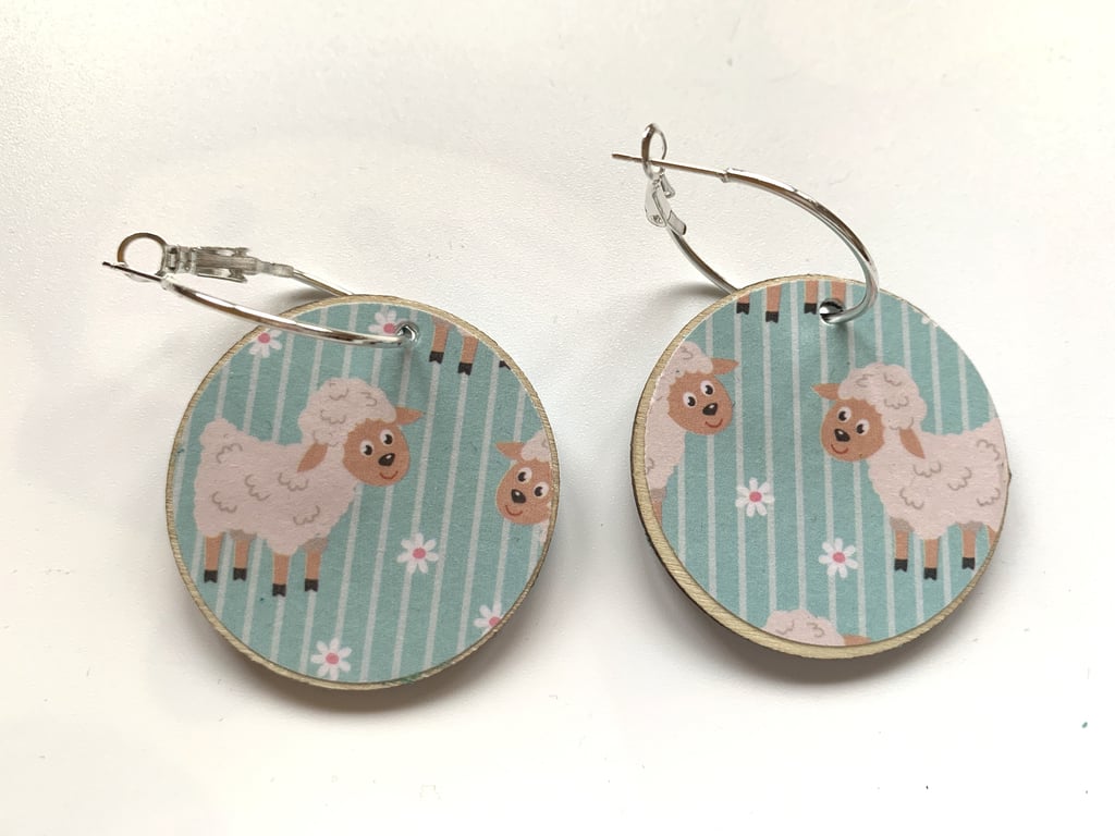 Wooden Earrings Cartoon Sheep Double Sided Hoops