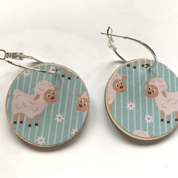 Wooden Earrings Cartoon Sheep Double Sided Hoops