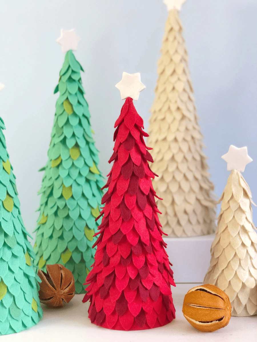 Set of 3 Red Fabric Christmas Trees