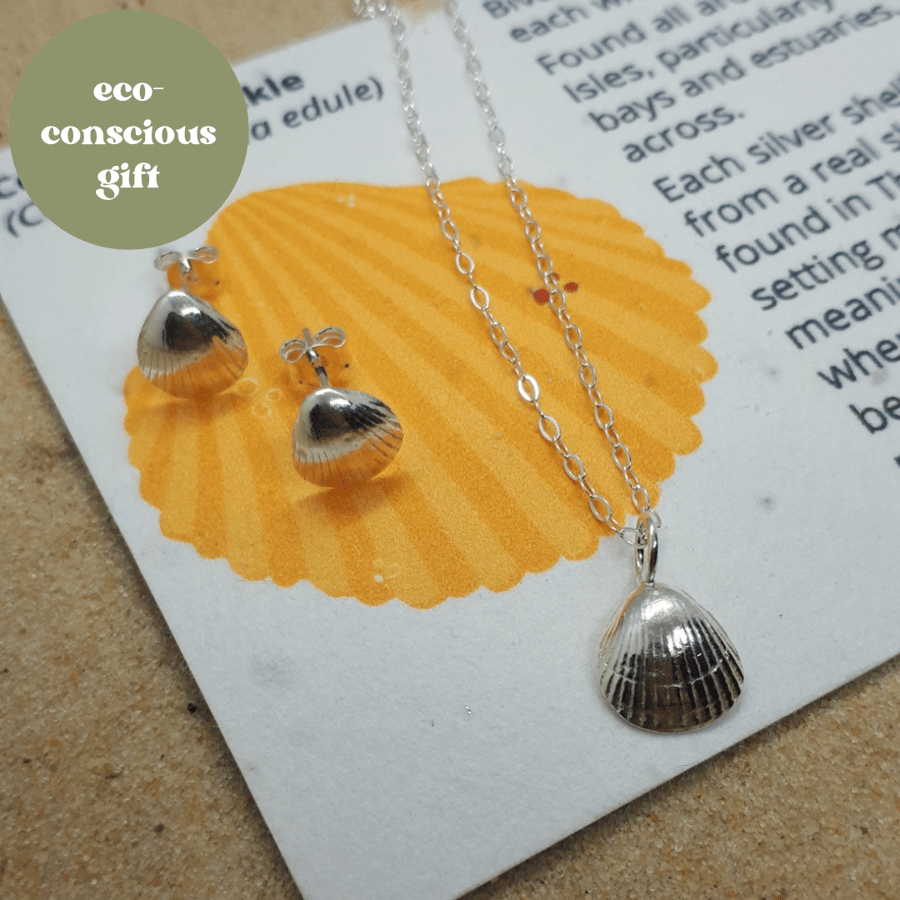 Fine silver cockle shell studs and pendant set