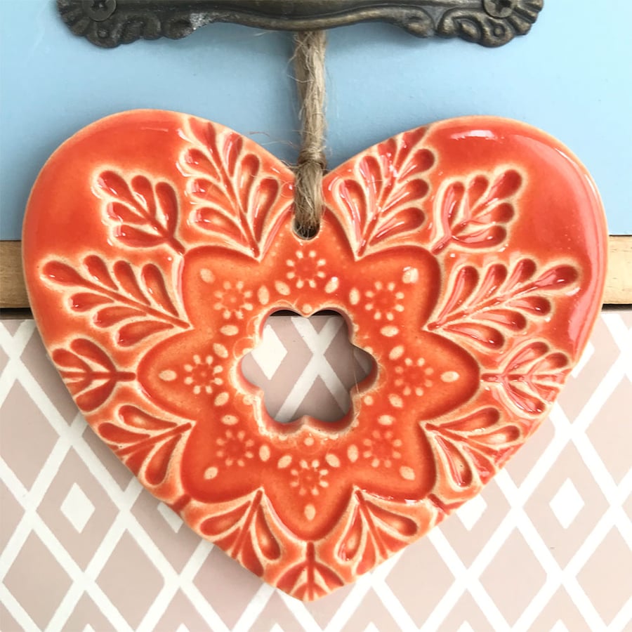 Ceramic heart hanging decoration Pottery Heart Folk art love heart MID ORANGE