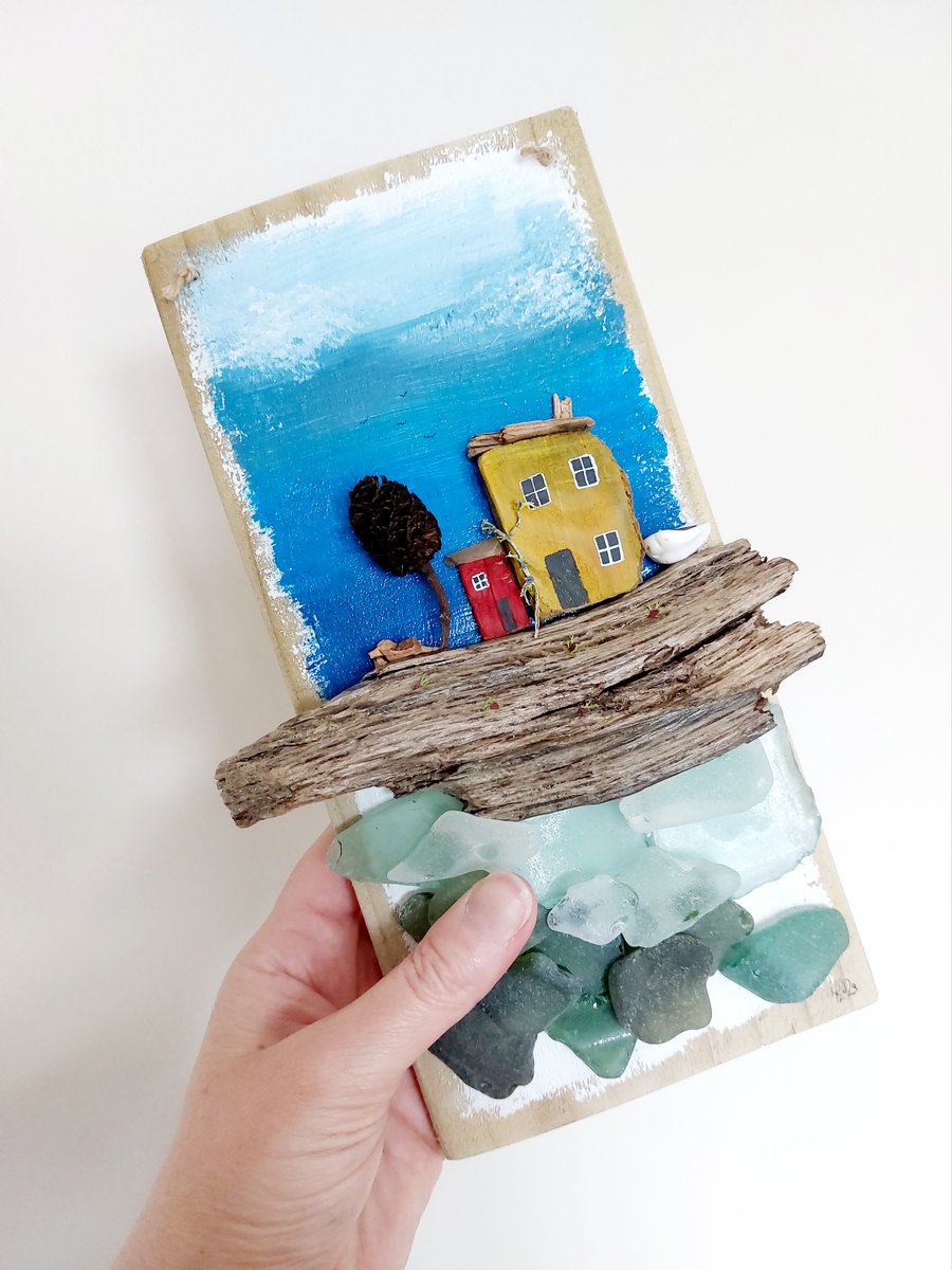 Sea Glass Art Picture, Driftwood, Coastal Wall Hanging, Rustic, Reclaimed Gift