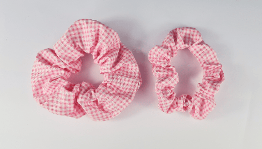 Pink Gingham Scrunchie, XL Large Fluffy, Thin Skinny Hair Tie, Girly Accessories