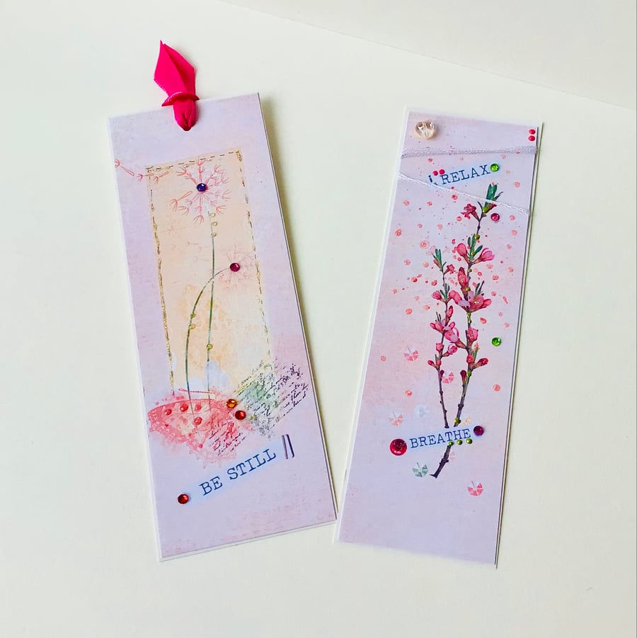 Set of Two Bookmarks, Printed Collage Design Handfinished floral design 