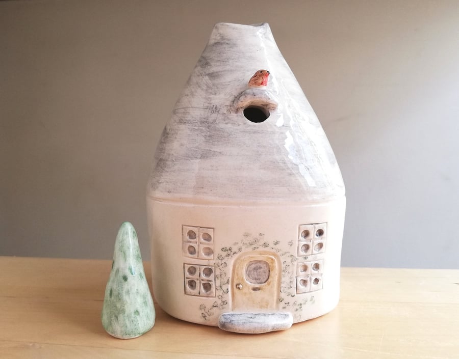 Handmade ceramic house bud vase wth robin bird & ivy, Christmas pottery new home