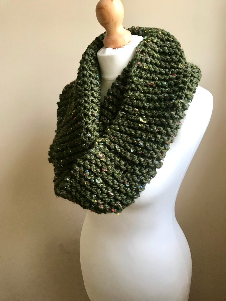 Dark Green Tweedy Hand Knit Cowl Super Squishy