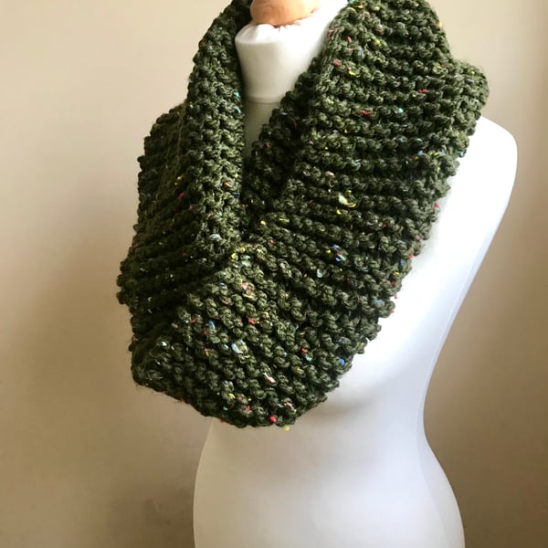 Dark Green Tweedy Hand Knit Cowl Super Squishy