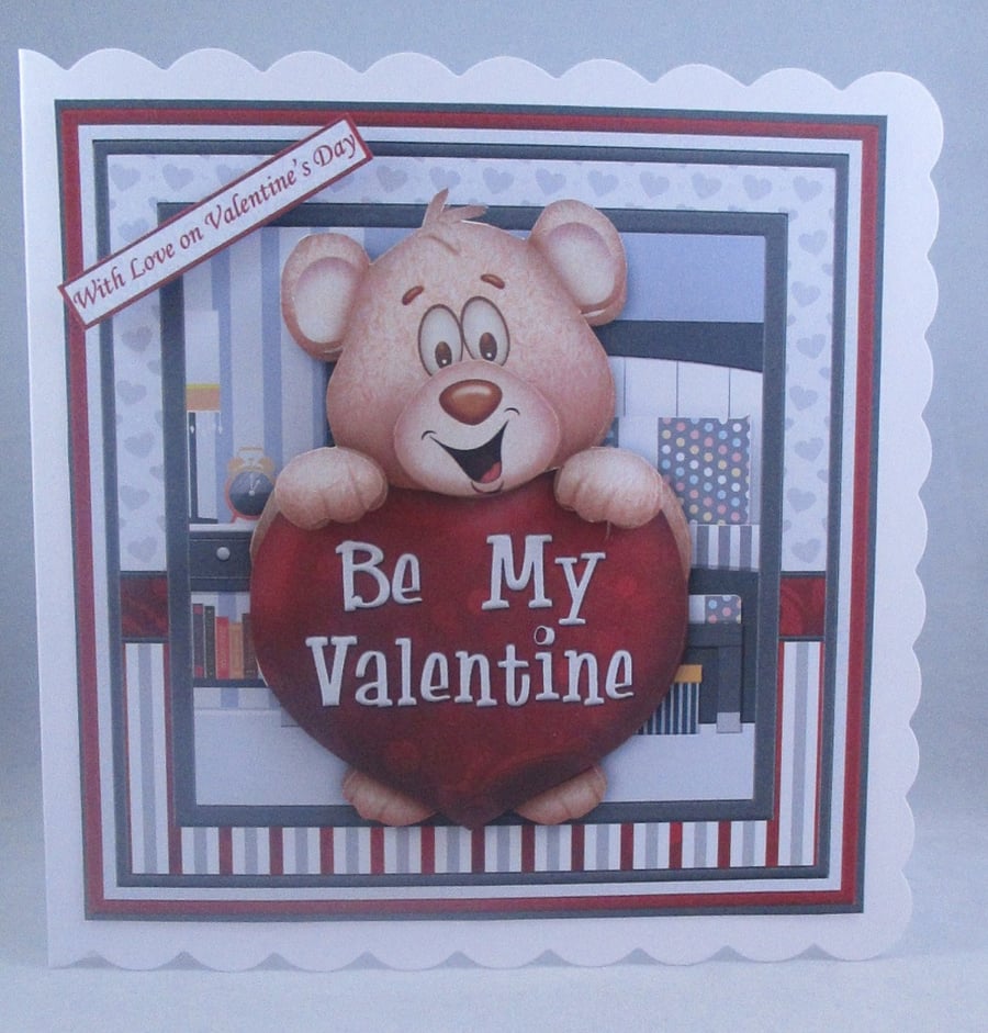 Valentines Day Greeting Card, cute bear holding heart,3D, Decoupage,Personalise