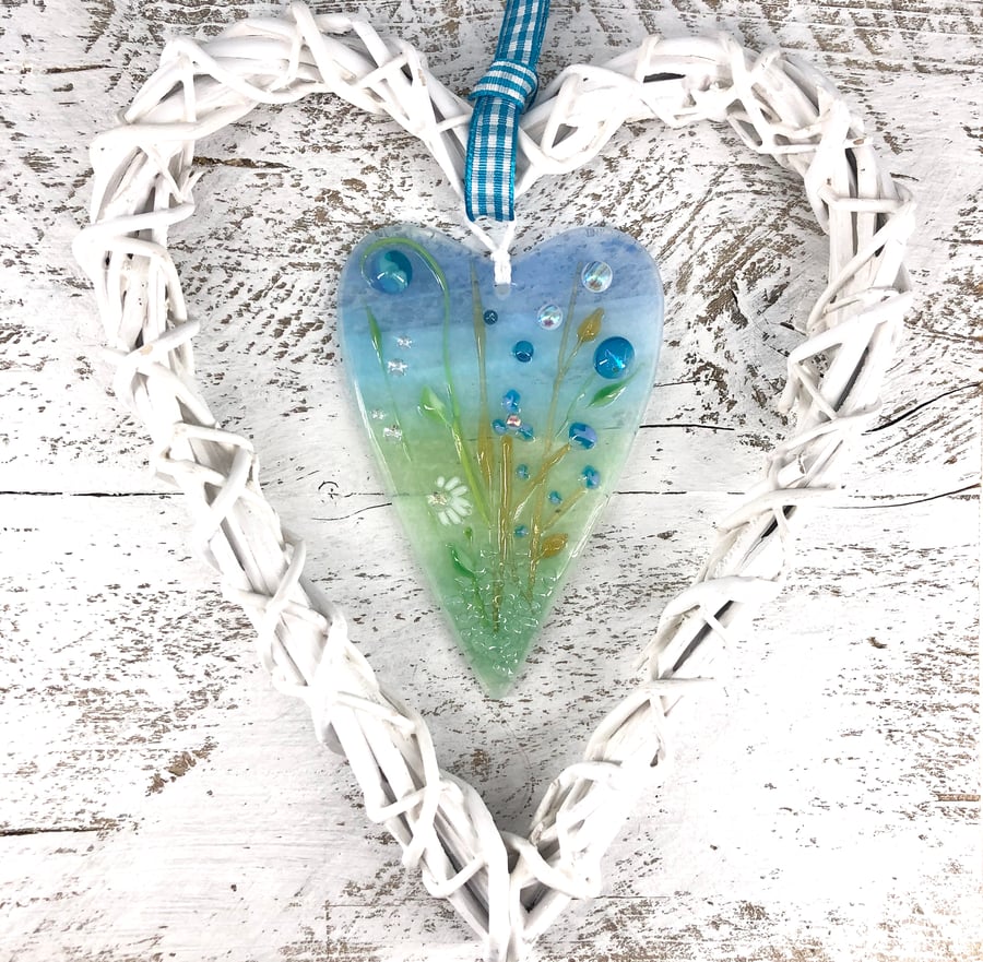 Fused Glass Heart with Delicate Turquoise Flowers in Wicker Heart on Ribbon