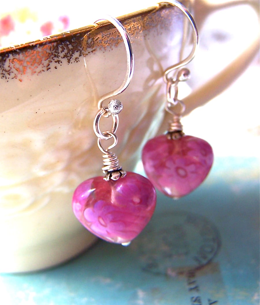 Pink Earrings, Sterling Silver, Hearts, Pink Millefiori Beads, Feminine Earrings