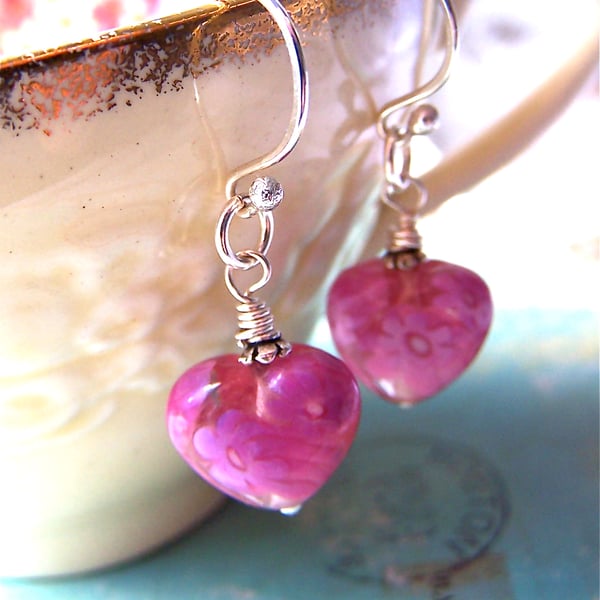 Pink Earrings, Sterling Silver, Hearts, Pink Millefiori Beads, Feminine Earrings