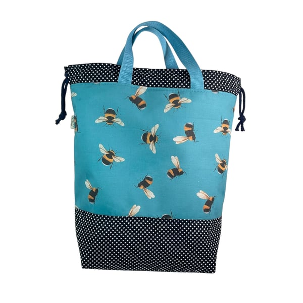 Extra Large drawstring knitting bag with cat print, multi pockets project bag