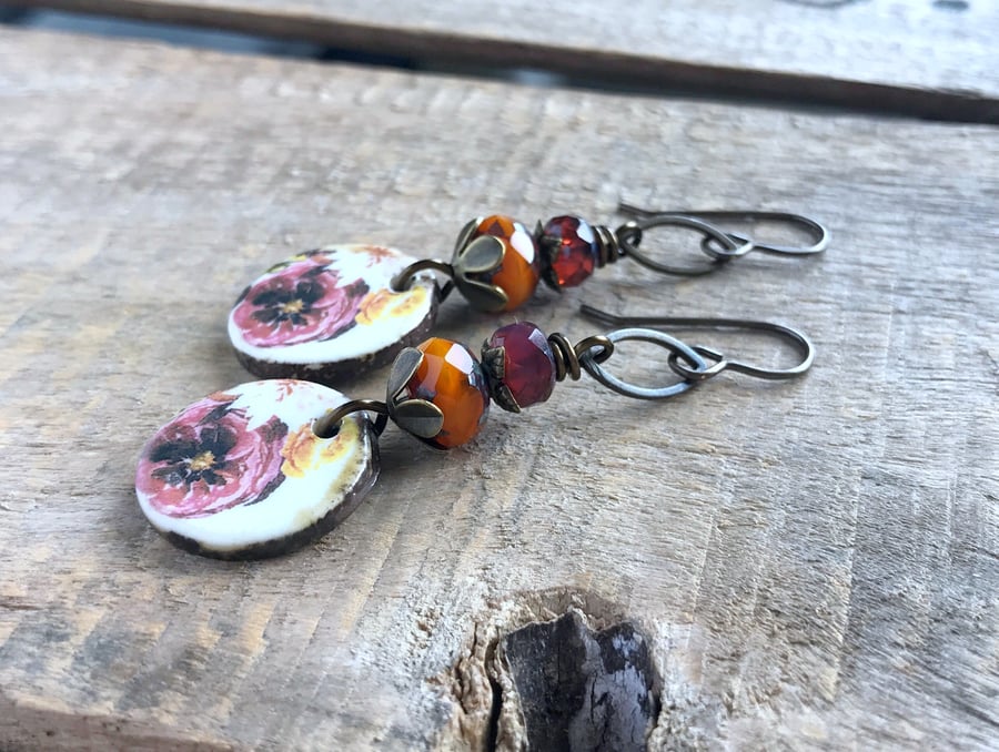 Artisan Ceramic Floral Earrings. Unique Orange & Pink Porcelain Charm Earrings
