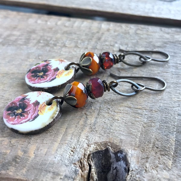 Artisan Ceramic Floral Earrings. Unique Orange & Pink Porcelain Charm Earrings