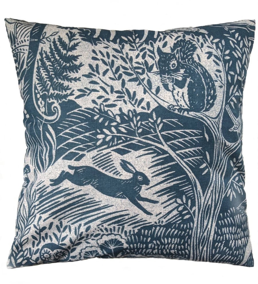 Navy Blue Woodland Animals Cushion Cover 16" Fox Rabbit Owl