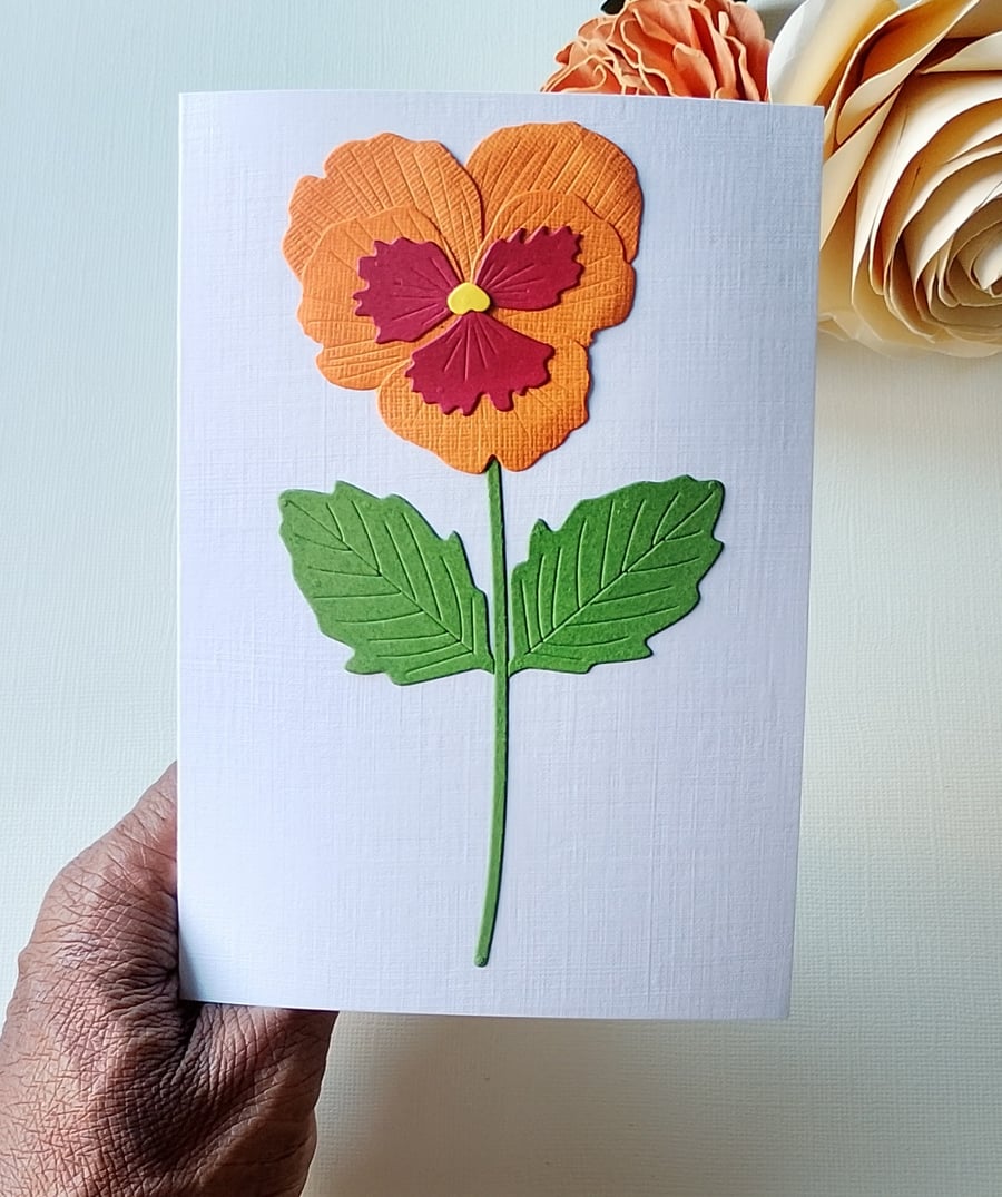 Orange Red Pansy - Flower Shop Moments, Blank Handmade Floral Card 