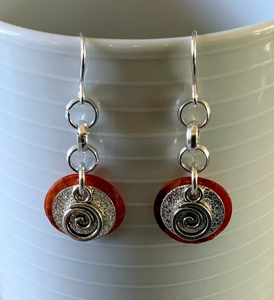 Orange Shell & Silver Disc Earrings