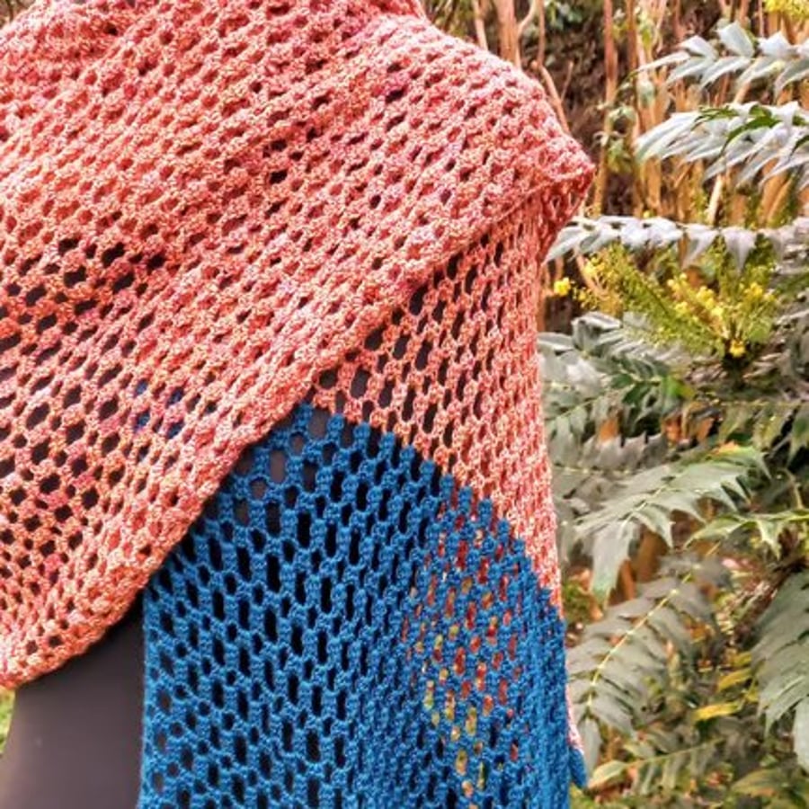 Handmade Crochet Shawl: Asymmetric Teal Wool Wrap