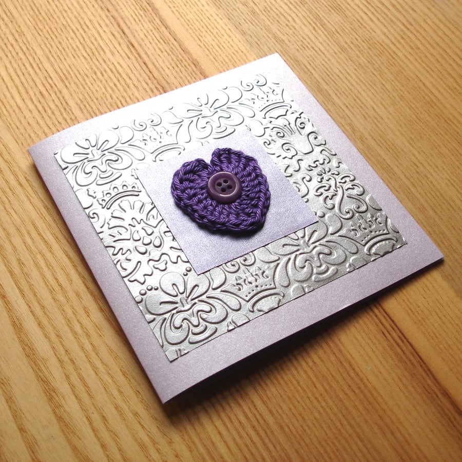 Purple and Silver Crochet Heart Greetings Card