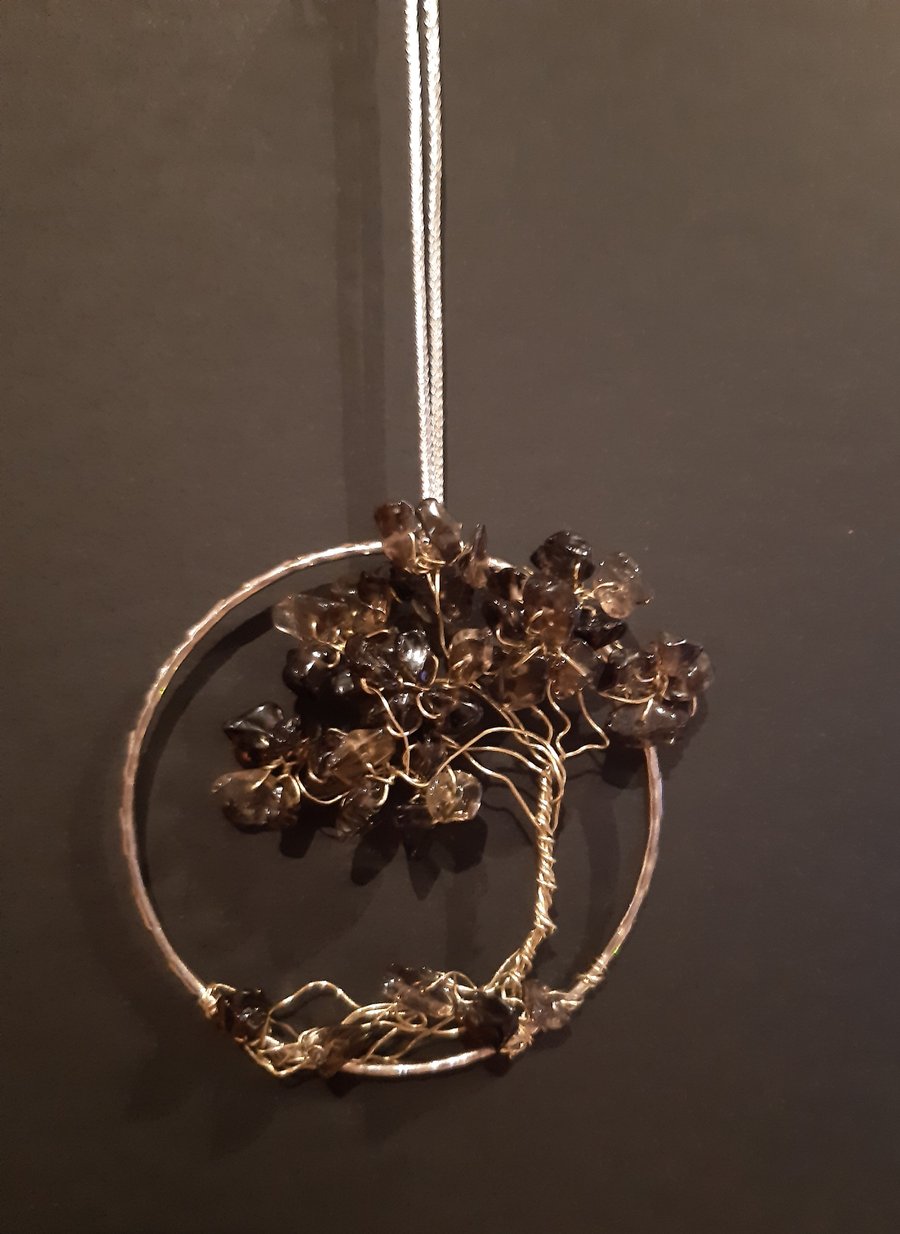  Smokey quartz Crystal tree of life bangle hangers on a ribbon 