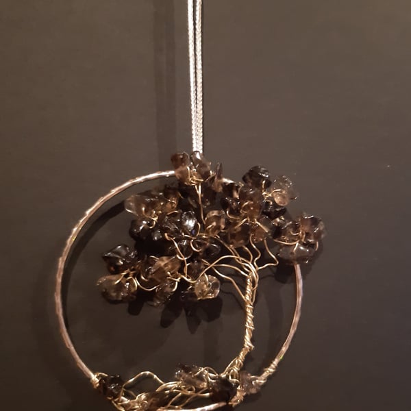  Smokey quartz Crystal tree of life bangle hangers on a ribbon 