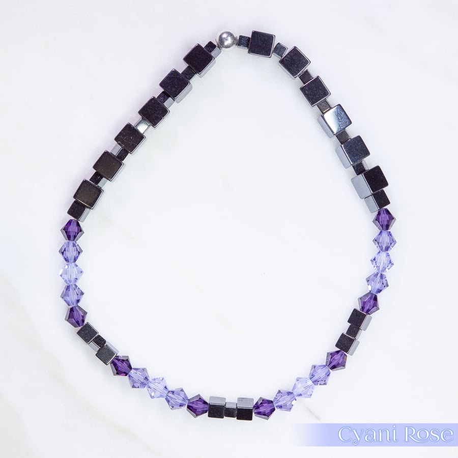 Swarovski and Hematite stretch beaded bracelet purple black