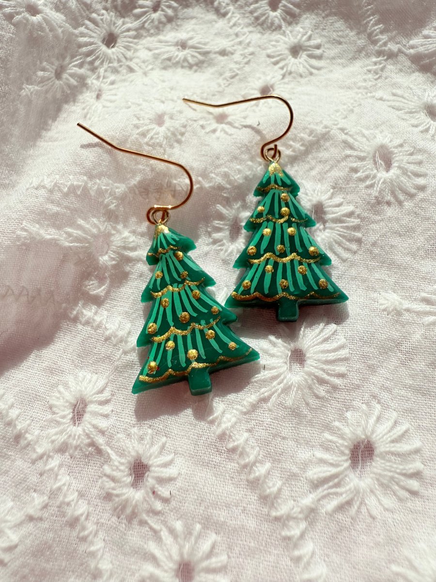 Green and Gold Christmas Tree Earrings