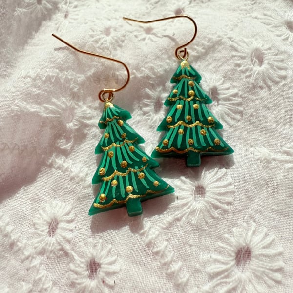 Green and Gold Christmas Tree Earrings
