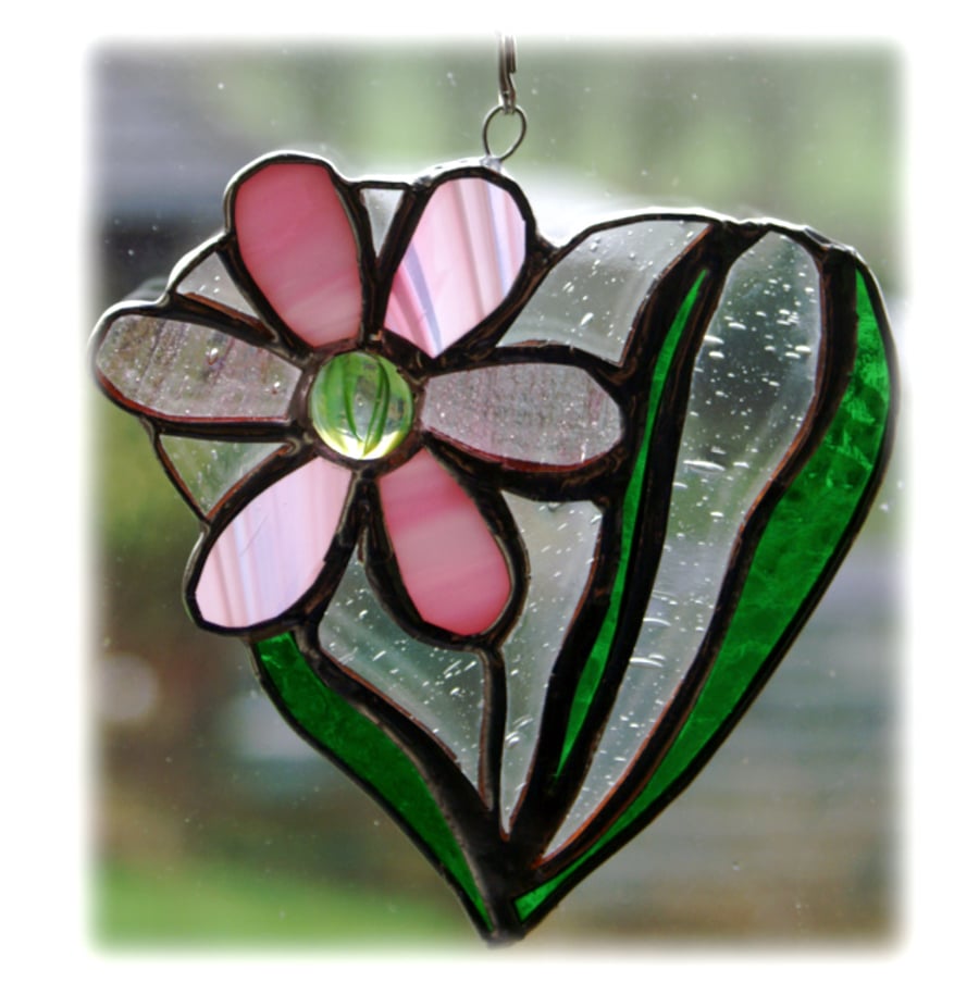 Daisy Heart Suncatcher Stained Glass Flower Pink 