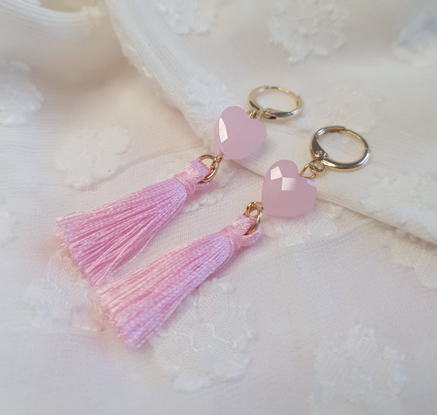 Pink and Gold Faceted Heart And Tassel Dangle Earrings