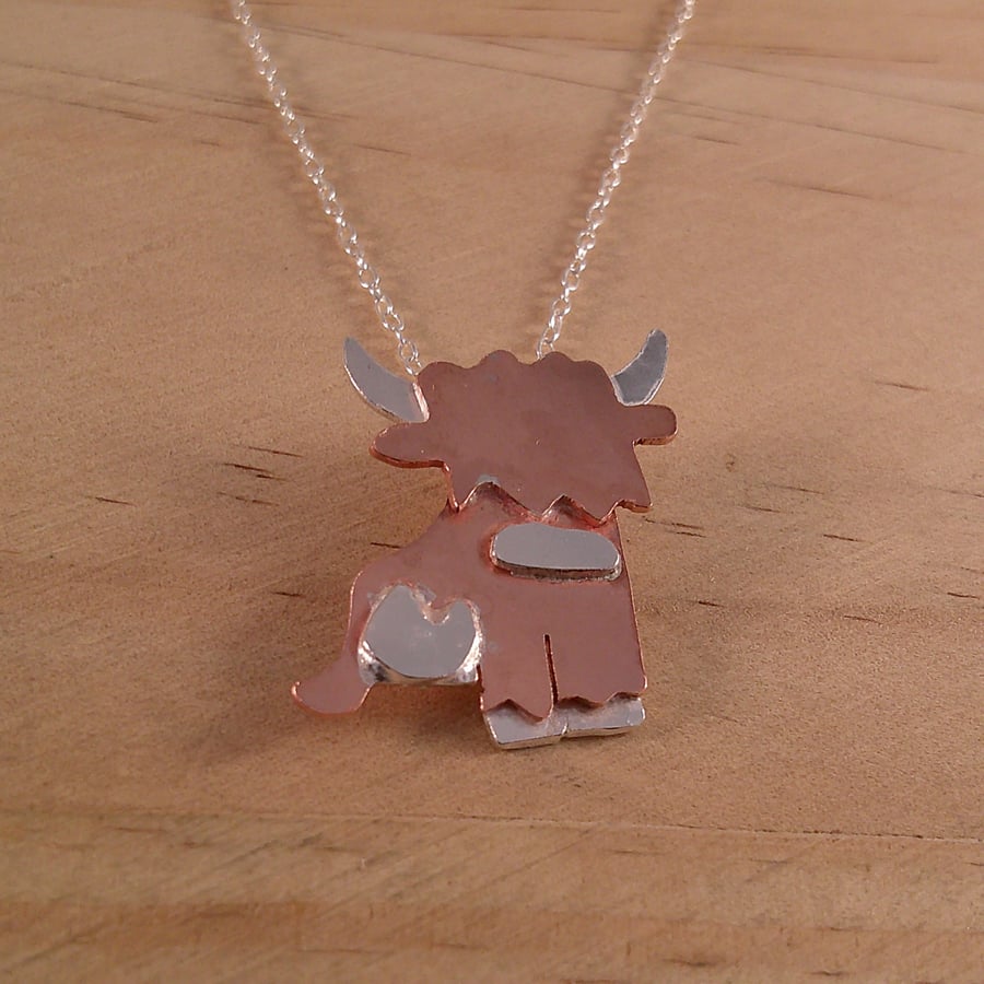 Copper and Sterling Silver Gertrude The Highland Cow Necklace (SKU070325)