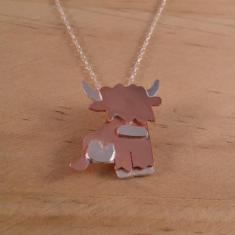 Copper and Sterling Silver Gertrude The Highland Cow Necklace (SKU070325)