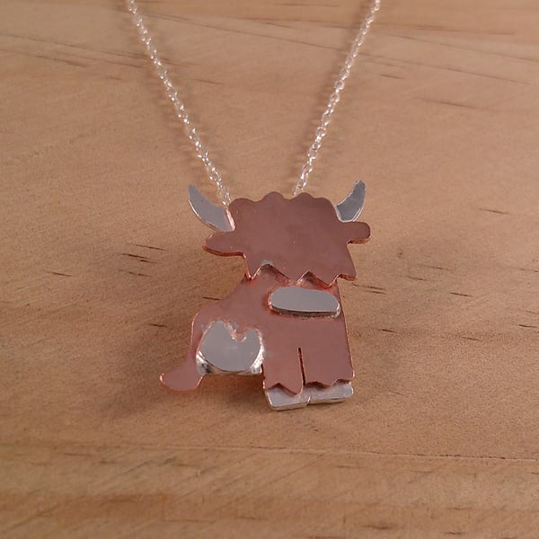 Copper and Sterling Silver Gertrude The Highland Cow Necklace (SKU070325)