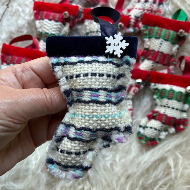 Christmas Stocking decoration - Blue, Thistle & Navy. Handwoven in Wales