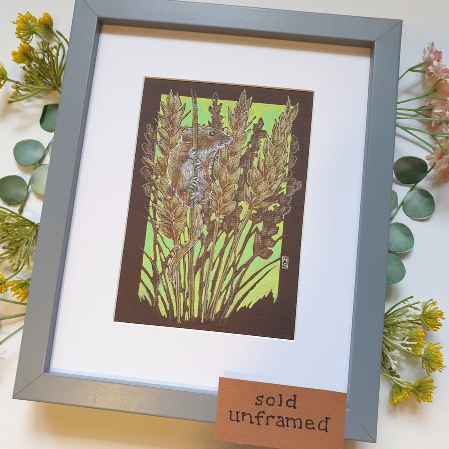 Harvest Mouse with Wheat original drawing, mouse wall art, small artwork