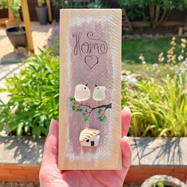 Sea Glass Lovebirds Wall Hanging - Handmade Rustic Coastal Decor - Housewarming