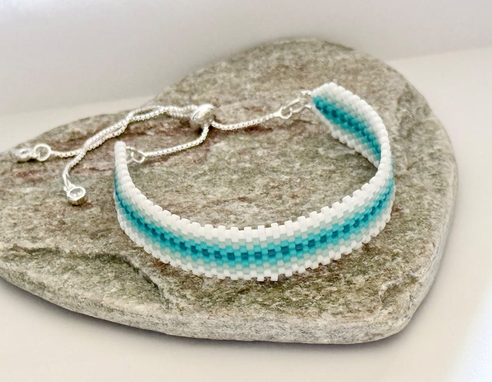 Blue and White Beadwork Slider Bracelet