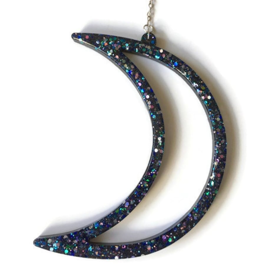Sparkly crescent moon large hanging decoration. Made to order.